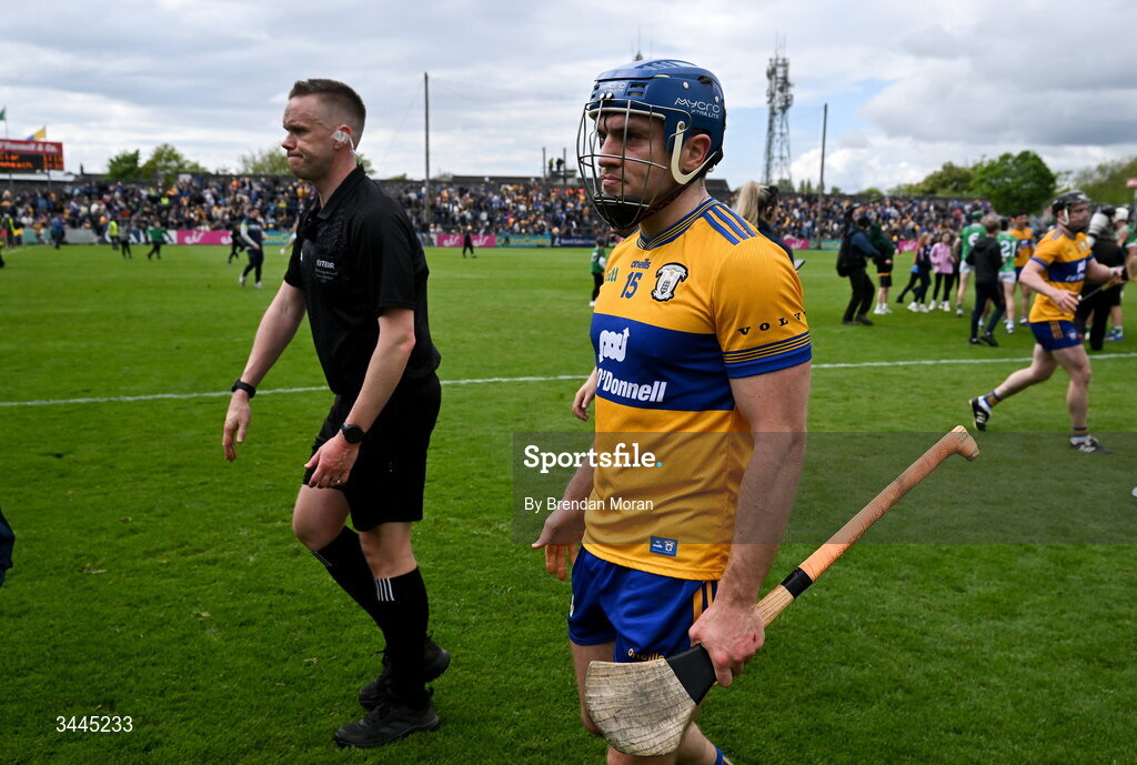 3 May 2026; Shane O'Donnell of Clare leaves the pitch after the Munster GAA Senior Hurling Championship Round 3 match between Clare and Limerick at Zimmer Biomet Páirc Chíosóg in Ennis, Clare. Photo by Brendan Moran/Sportsfile