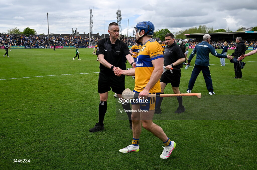 3 May 2026; Referee Michael Kennedy shakes hands with Shane O'Donnell of Clare after the Munster GAA Senior Hurling Championship Round 3 match between Clare and Limerick at Zimmer Biomet Páirc Chíosóg in Ennis, Clare. Photo by Brendan Moran/Sportsfile