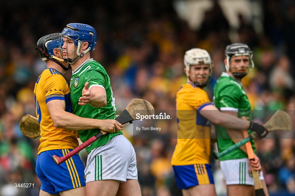 3 May 2026; Shane O'Brien of Limerick tussles with David McInerney of Clare during the Munster GAA Senior Hurling Championship Round 3 match between Clare and Limerick at Zimmer Biomet Páirc Chíosóg in Ennis, Clare. Photo by Tom Beary/Sportsfile