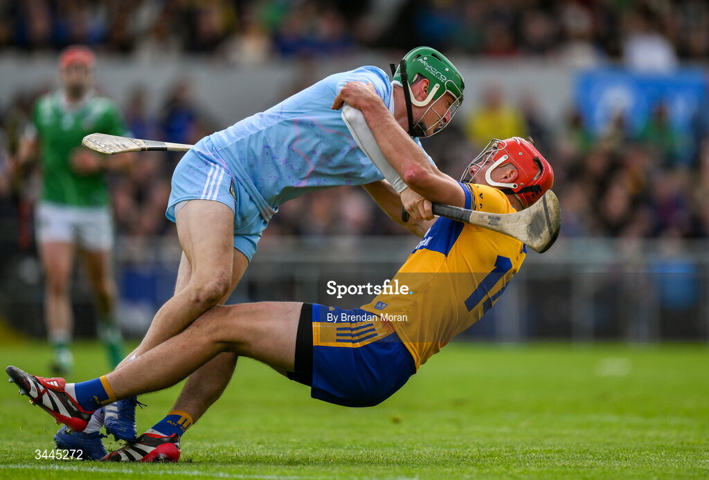 3 May 2026; Limerick goalkeeper Nickie Quaid is tackled by Peter Duggan of Clare during the Munster GAA Senior Hurling Championship Round 3 match between Clare and Limerick at Zimmer Biomet Páirc Chíosóg in Ennis, Clare. Photo by Brendan Moran/Sportsfile