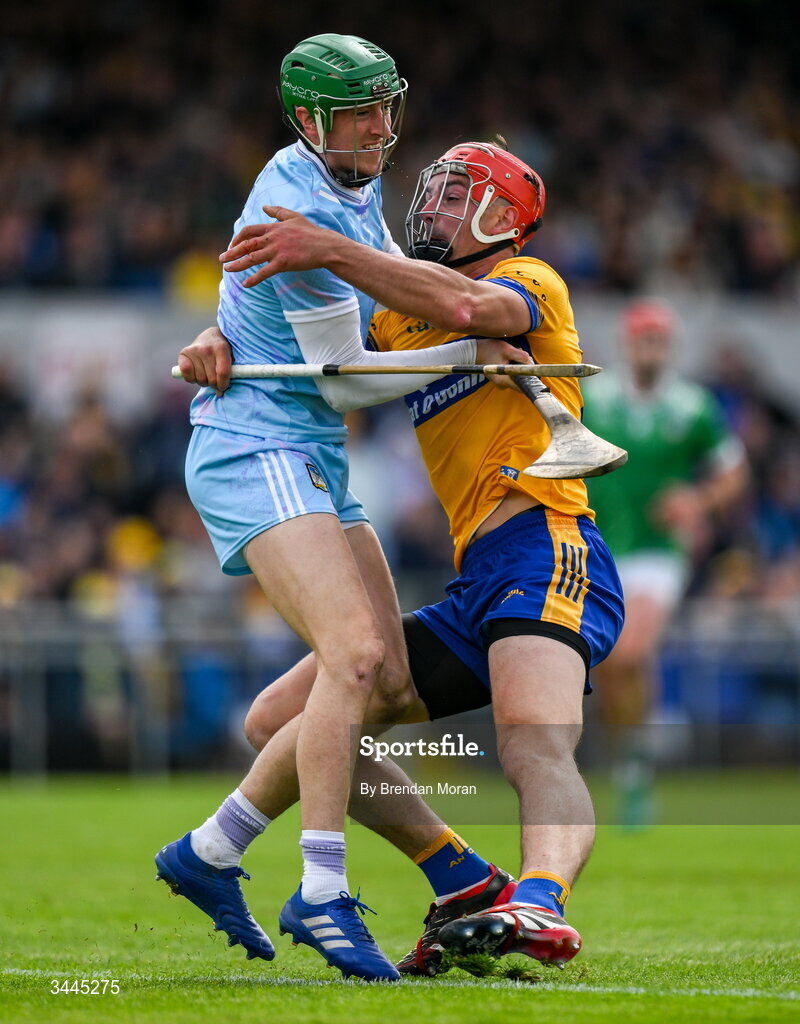 3 May 2026; Limerick goalkeeper Nickie Quaid is tackled by Peter Duggan of Clare during the Munster GAA Senior Hurling Championship Round 3 match between Clare and Limerick at Zimmer Biomet Páirc Chíosóg in Ennis, Clare. Photo by Brendan Moran/Sportsfile