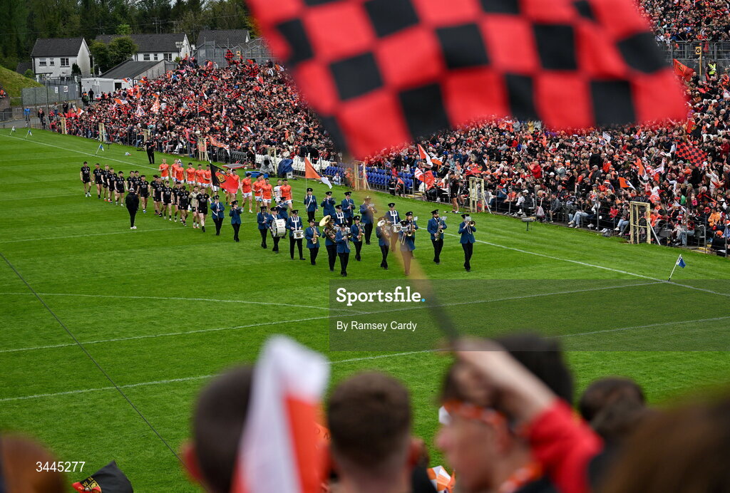 3 May 2026; The Armagh and Down teams parade before the Ulster GAA Football Senior Championship semi-final match between Armagh and Down at St Tiernach's Park in Clones, Monaghan. Photo by Ramsey Cardy/Sportsfile