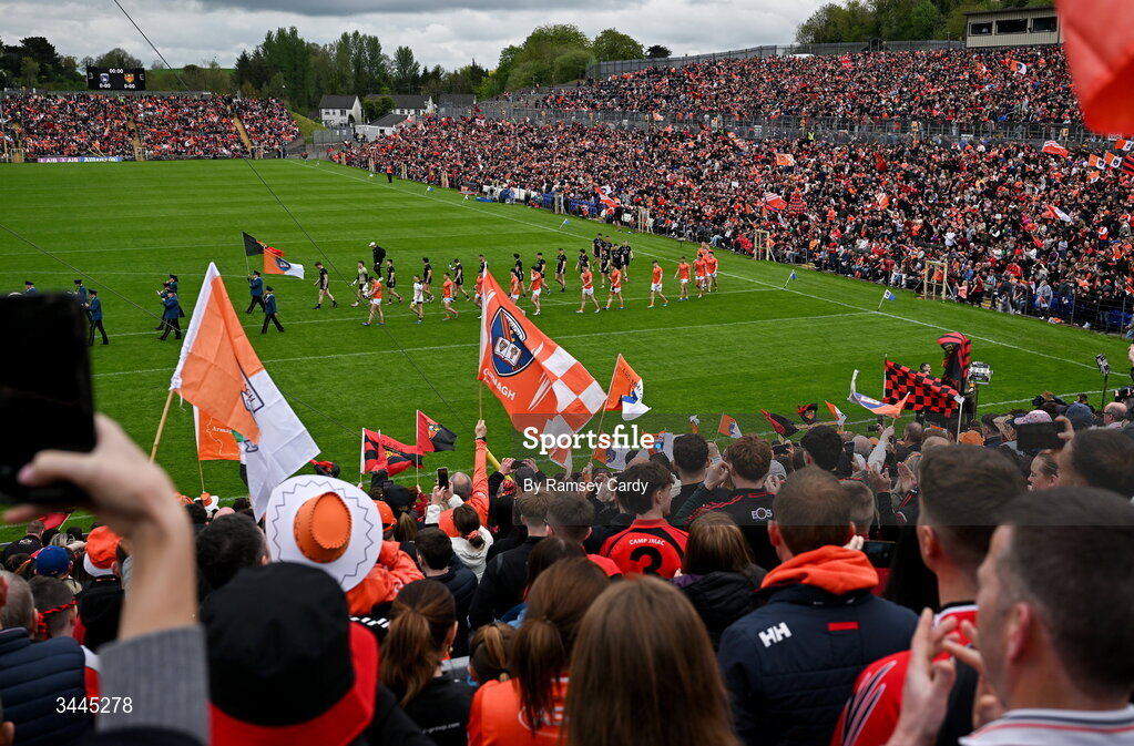 3 May 2026; The Armagh and Down teams parade before the Ulster GAA Football Senior Championship semi-final match between Armagh and Down at St Tiernach's Park in Clones, Monaghan. Photo by Ramsey Cardy/Sportsfile