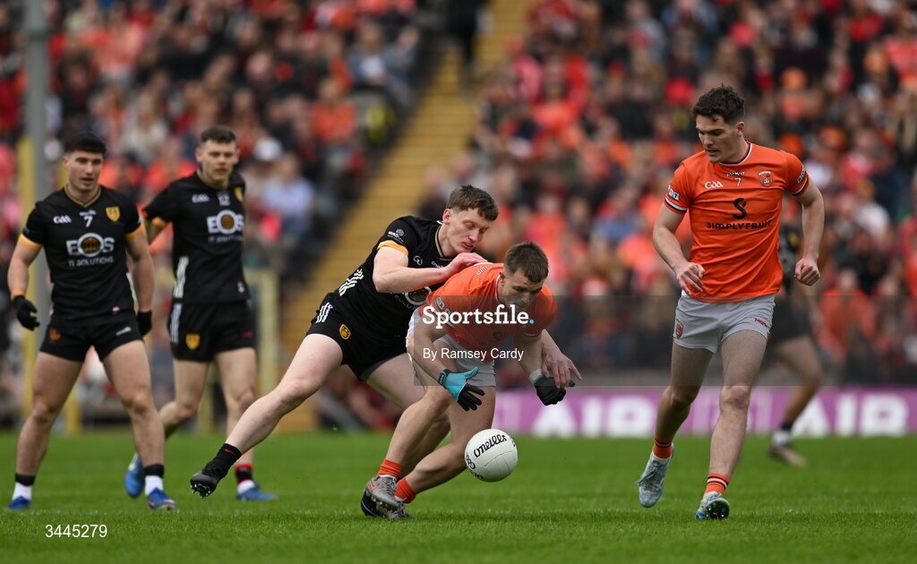 3 May 2026; Peter McGrane of Armagh in action against Odhran Murdock of Down during the Ulster GAA Football Senior Championship semi-final match between Armagh and Down at St Tiernach's Park in Clones, Monaghan. Photo by Ramsey Cardy/Sportsfile