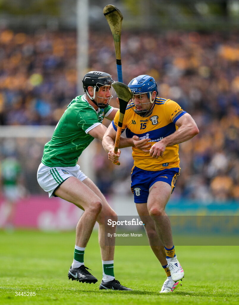 3 May 2026; Shane O'Donnell of Clare is tackled by Diarmaid Byrnes of Limerick during the Munster GAA Senior Hurling Championship Round 3 match between Clare and Limerick at Zimmer Biomet Páirc Chíosóg in Ennis, Clare. Photo by Brendan Moran/Sportsfile
