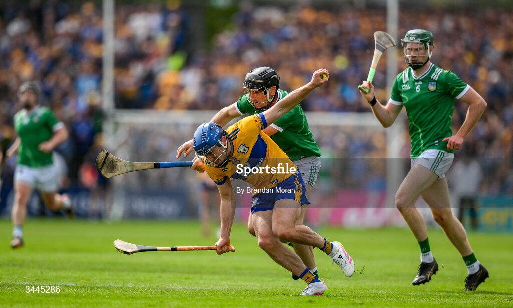 3 May 2026; Shane O'Donnell of Clare is tackled by Diarmaid Byrnes of Limerick during the Munster GAA Senior Hurling Championship Round 3 match between Clare and Limerick at Zimmer Biomet Páirc Chíosóg in Ennis, Clare. Photo by Brendan Moran/Sportsfile