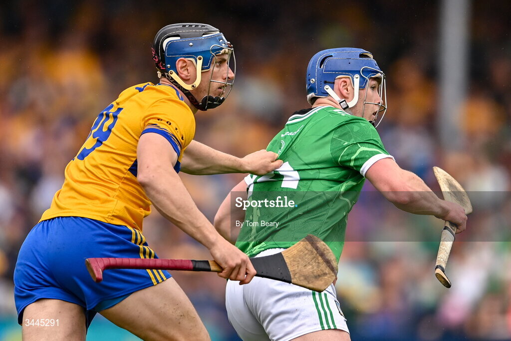 3 May 2026; Shane O'Brien of Limerick and David McInerney of Clare during the Munster GAA Senior Hurling Championship Round 3 match between Clare and Limerick at Zimmer Biomet Páirc Chíosóg in Ennis, Clare. Photo by Tom Beary/Sportsfile