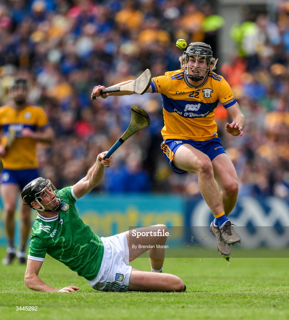3 May 2026; Diarmuid Stritch of Clare jumps over Diarmaid Byrnes of Limerick during the Munster GAA Senior Hurling Championship Round 3 match between Clare and Limerick at Zimmer Biomet Páirc Chíosóg in Ennis, Clare. Photo by Brendan Moran/Sportsfile