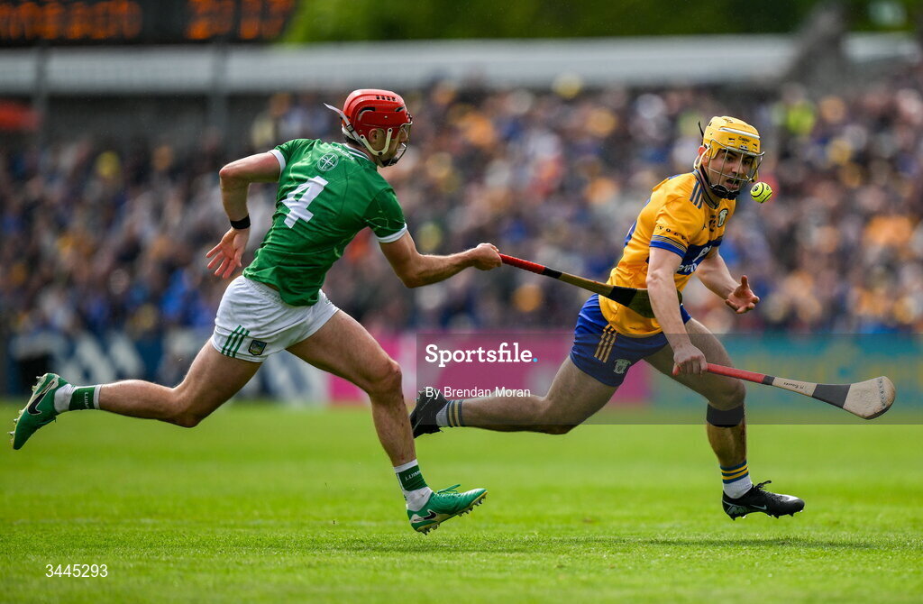3 May 2026; Mark Rodgers of Clare in action against Barry Nash of Limerick during the Munster GAA Senior Hurling Championship Round 3 match between Clare and Limerick at Zimmer Biomet Páirc Chíosóg in Ennis, Clare. Photo by Brendan Moran/Sportsfile