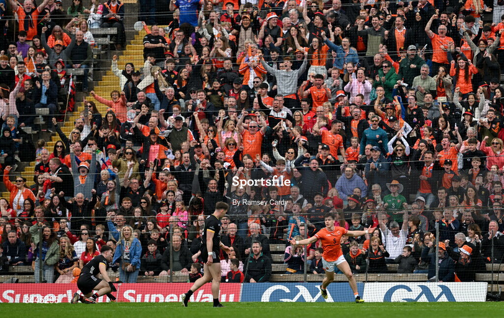 3 May 2026; Tomas McCormack of Armagh celebrates after scoring his side's first goal during the Ulster GAA Football Senior Championship semi-final match between Armagh and Down at St Tiernach's Park in Clones, Monaghan. Photo by Ramsey Cardy/Sportsfile