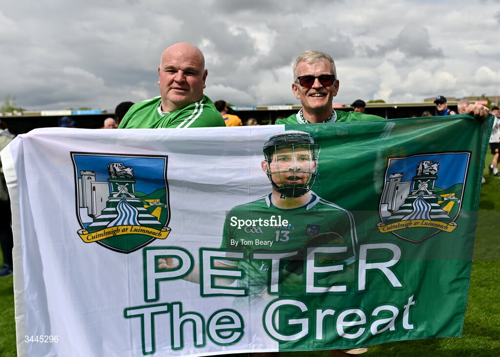 3 May 2026; Limerick supporters Brendan Hedderman, left, and Christy Keogh after the Munster GAA Senior Hurling Championship Round 3 match between Clare and Limerick at Zimmer Biomet Páirc Chíosóg in Ennis, Clare. Photo by Tom Beary/Sportsfile