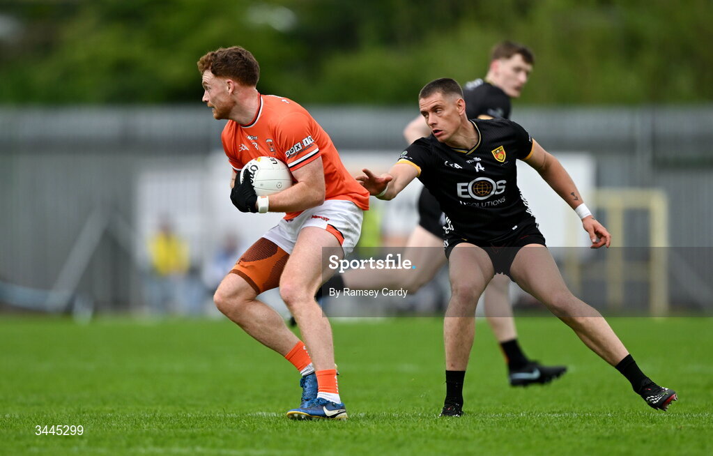 3 May 2026; Jason Duffy of Armagh in action against Pat Havern of Down during the Ulster GAA Football Senior Championship semi-final match between Armagh and Down at St Tiernach's Park in Clones, Monaghan. Photo by Ramsey Cardy/Sportsfile