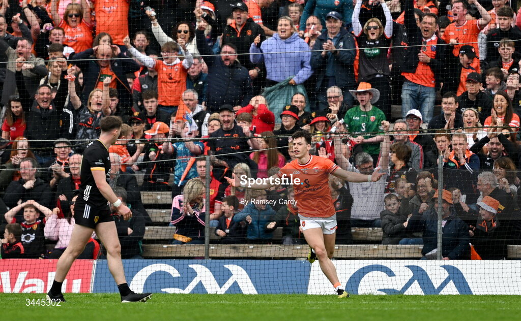 3 May 2026; Tomas McCormack of Armagh celebrates after scoring his side's first goal during the Ulster GAA Football Senior Championship semi-final match between Armagh and Down at St Tiernach's Park in Clones, Monaghan. Photo by Ramsey Cardy/Sportsfile