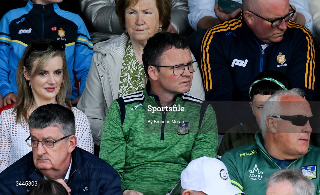 3 May 2026; Minister for Arts, Media, Communications, Culture and Sport Patrick O'Donovan TD in attendance during the Munster GAA Senior Hurling Championship Round 3 match between Clare and Limerick at Zimmer Biomet Páirc Chíosóg in Ennis, Clare. Photo by Brendan Moran/Sportsfile