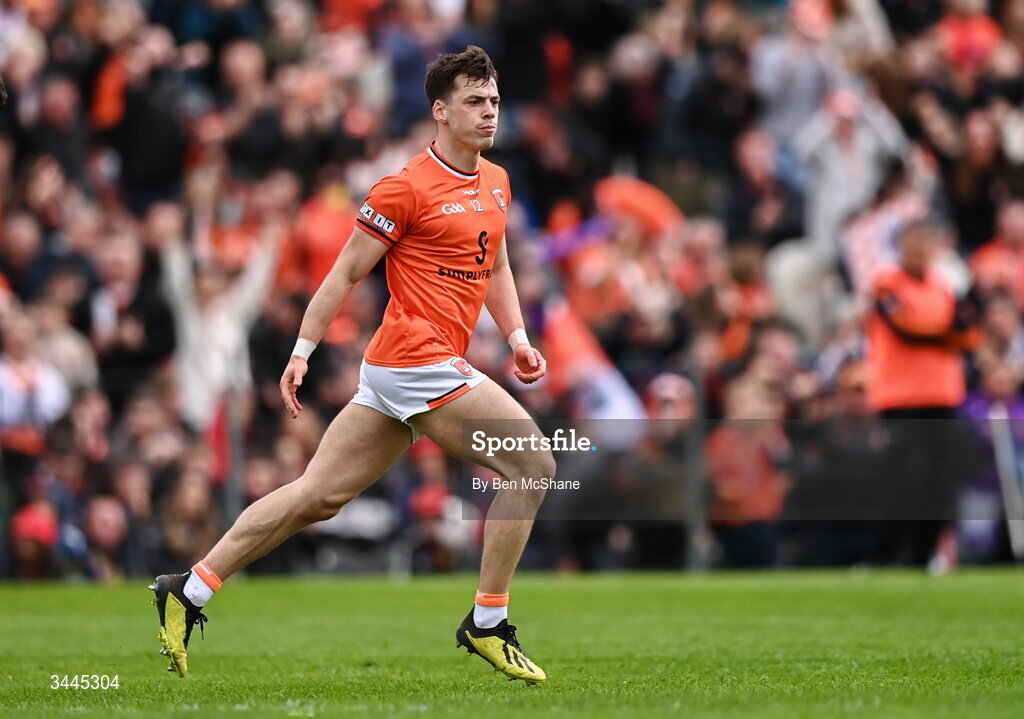 3 May 2026; Tomas McCormack of Armagh celebrates after scoring his side's first goal during the Ulster GAA Football Senior Championship semi-final match between Armagh and Down at St Tiernach's Park in Clones, Monaghan. Photo by Ben McShane/Sportsfile