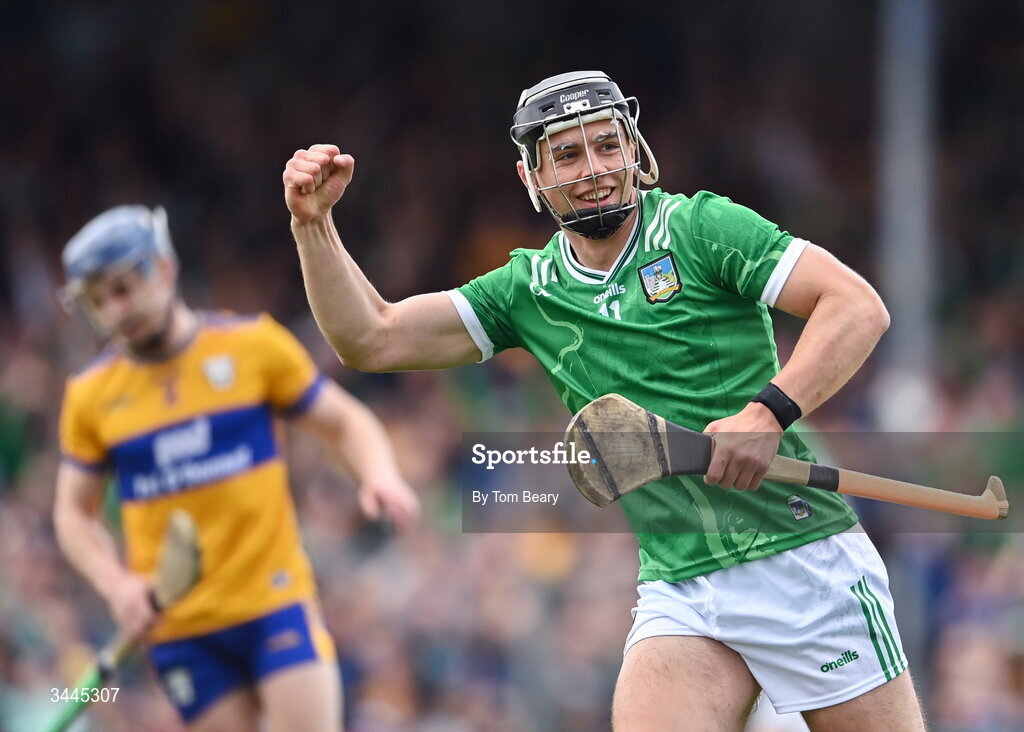 3 May 2026; Aidan O'Connor of Limerick celebrates after scoring his side's first goal during the Munster GAA Senior Hurling Championship Round 3 match between Clare and Limerick at Zimmer Biomet Páirc Chíosóg in Ennis, Clare. Photo by Tom Beary/Sportsfile