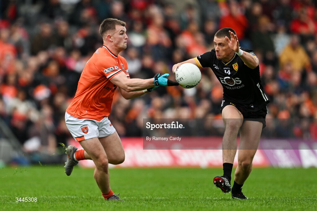 3 May 2026; Peter McGrane of Armagh in action against Pat Havern of Down during the Ulster GAA Football Senior Championship semi-final match between Armagh and Down at St Tiernach's Park in Clones, Monaghan. Photo by Ramsey Cardy/Sportsfile