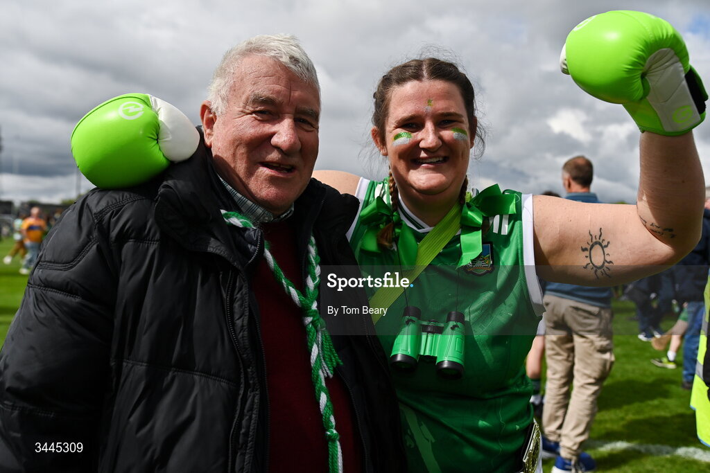 3 May 2026; Limerick supporters Joe McGrath and Amber Myers after the Munster GAA Senior Hurling Championship Round 3 match between Clare and Limerick at Zimmer Biomet Páirc Chíosóg in Ennis, Clare. Photo by Tom Beary/Sportsfile