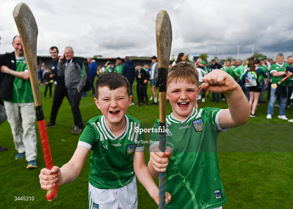 3 May 2026; Limerick supporters Kyle Kelly, age 8, left and Paudie O’Neill, aged 9, both from Ballybrown after the Munster GAA Senior Hurling Championship Round 3 match between Clare and Limerick at Zimmer Biomet Páirc Chíosóg in Ennis, Clare. Photo by Tom Beary/Sportsfile