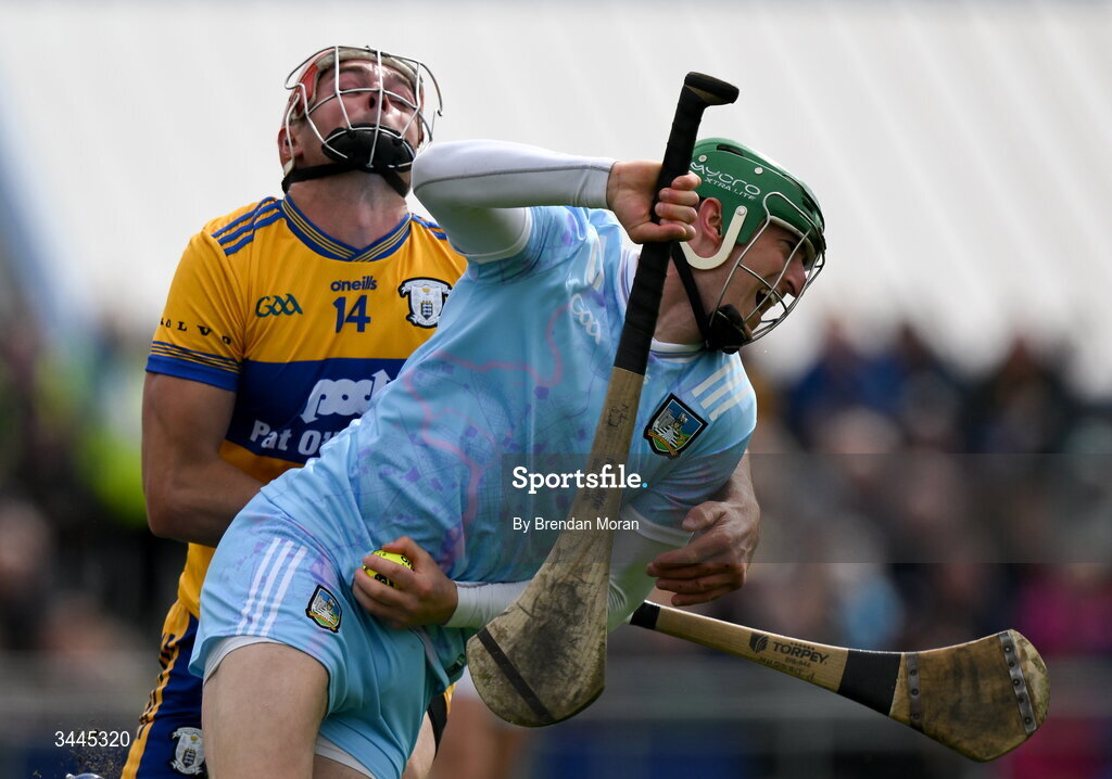 3 May 2026; Limerick goalkeeper Nickie Quaid is tackled by Peter Duggan of Clare during the Munster GAA Senior Hurling Championship Round 3 match between Clare and Limerick at Zimmer Biomet Páirc Chíosóg in Ennis, Clare. Photo by Brendan Moran/Sportsfile