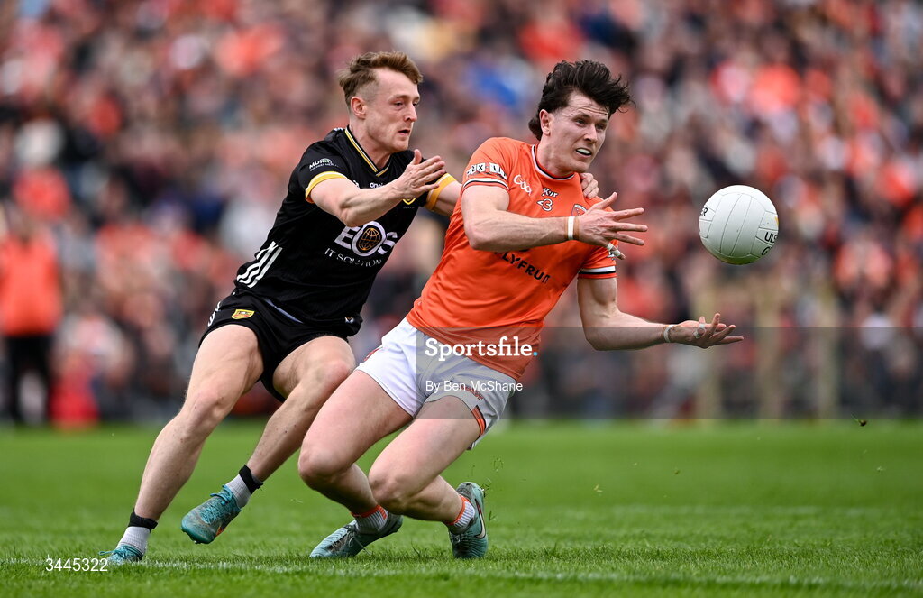 3 May 2026; Joe McElroy of Armagh is tackled by Liam Kerr of Down during the Ulster GAA Football Senior Championship semi-final match between Armagh and Down at St Tiernach's Park in Clones, Monaghan. Photo by Ben McShane/Sportsfile