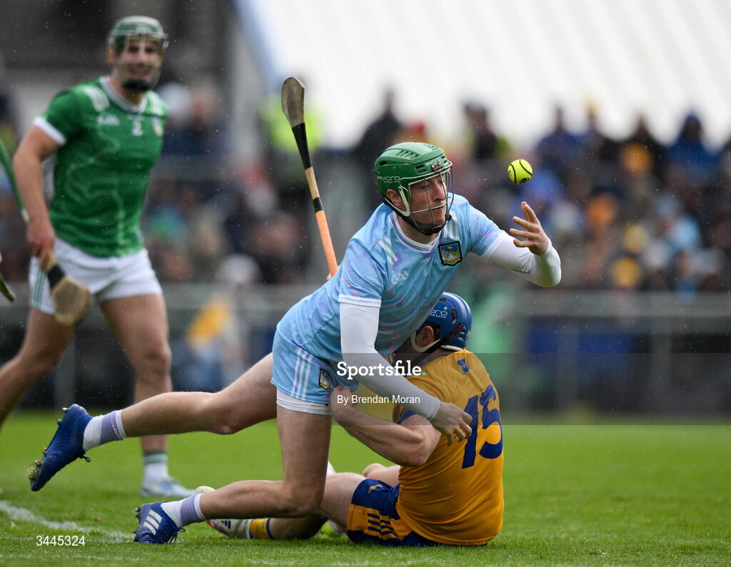 3 May 2026; Limerick goalkeeper Nickie Quaid is tackled by Shane O'Donnell of Clare during the Munster GAA Senior Hurling Championship Round 3 match between Clare and Limerick at Zimmer Biomet Páirc Chíosóg in Ennis, Clare. Photo by Brendan Moran/Sportsfile