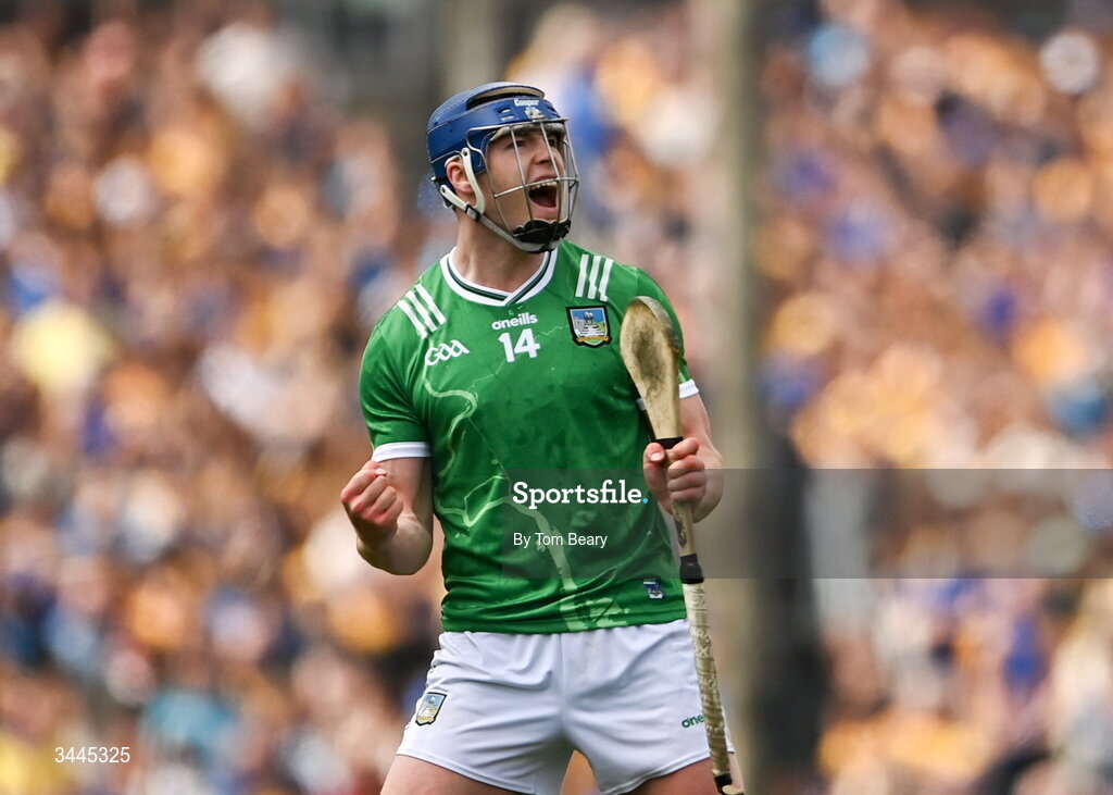 3 May 2026; Shane O'Brien of Limerick celebrates after scoring a point during the Munster GAA Senior Hurling Championship Round 3 match between Clare and Limerick at Zimmer Biomet Páirc Chíosóg in Ennis, Clare. Photo by Tom Beary/Sportsfile