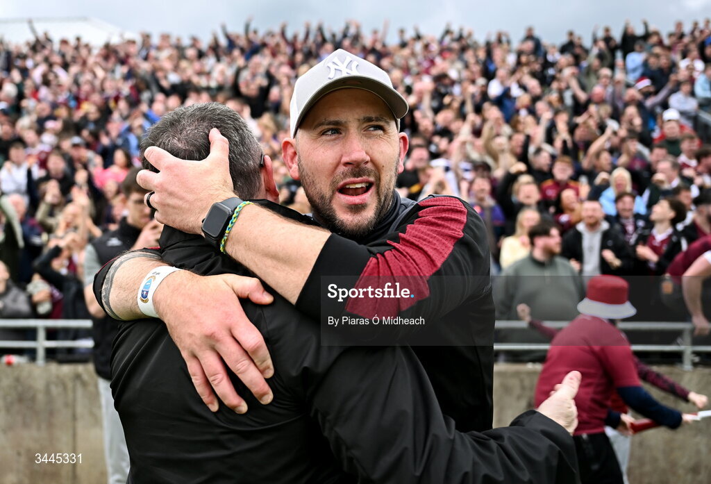 3 May 2026; Westmeath manager Mark McHugh, right, celebrates with Westmeath selector Emmet McDonnell celebrate after the Leinster GAA Football Senior Championship semi-final match between Kildare and Westmeath at Glenisk O'Connor Park in Tullamore, Offaly. Photo by Piaras Ó Mídheach/Sportsfile
