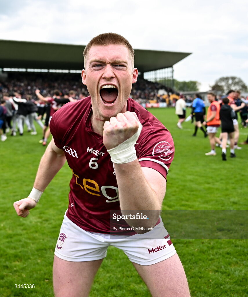 3 May 2026; Shane Allen of Westmeath celebrates after his side's victory in the Leinster GAA Football Senior Championship semi-final match between Kildare and Westmeath at Glenisk O'Connor Park in Tullamore, Offaly. Photo by Piaras Ó Mídheach/Sportsfile