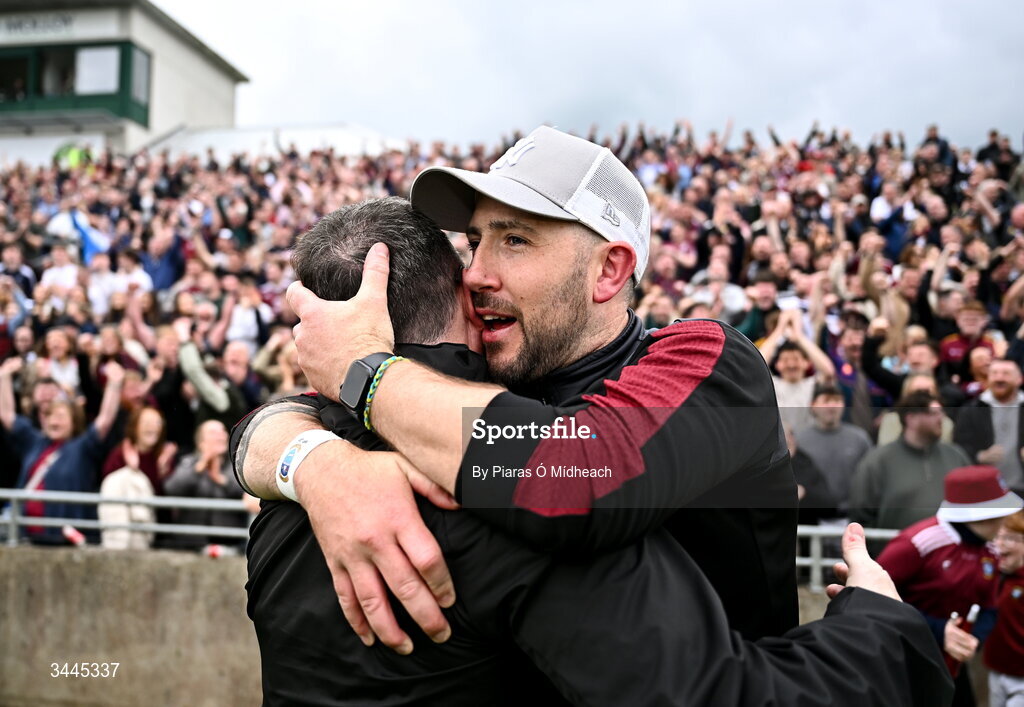 3 May 2026; Westmeath manager Mark McHugh, right, celebrates with Westmeath selector Emmet McDonnell celebrate after the Leinster GAA Football Senior Championship semi-final match between Kildare and Westmeath at Glenisk O'Connor Park in Tullamore, Offaly. Photo by Piaras Ó Mídheach/Sportsfile