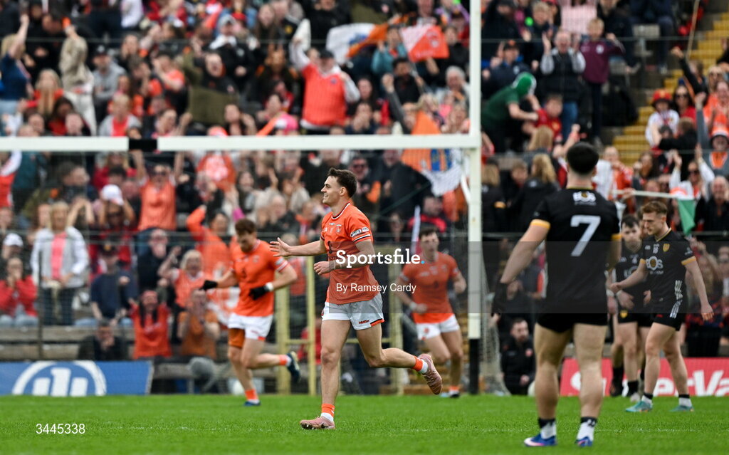 3 May 2026; Darragh McMullan of Armagh celebrates his side's second goal, scored by Conor Turbitt, during the Ulster GAA Football Senior Championship semi-final match between Armagh and Down at St Tiernach's Park in Clones, Monaghan. Photo by Ramsey Cardy/Sportsfile