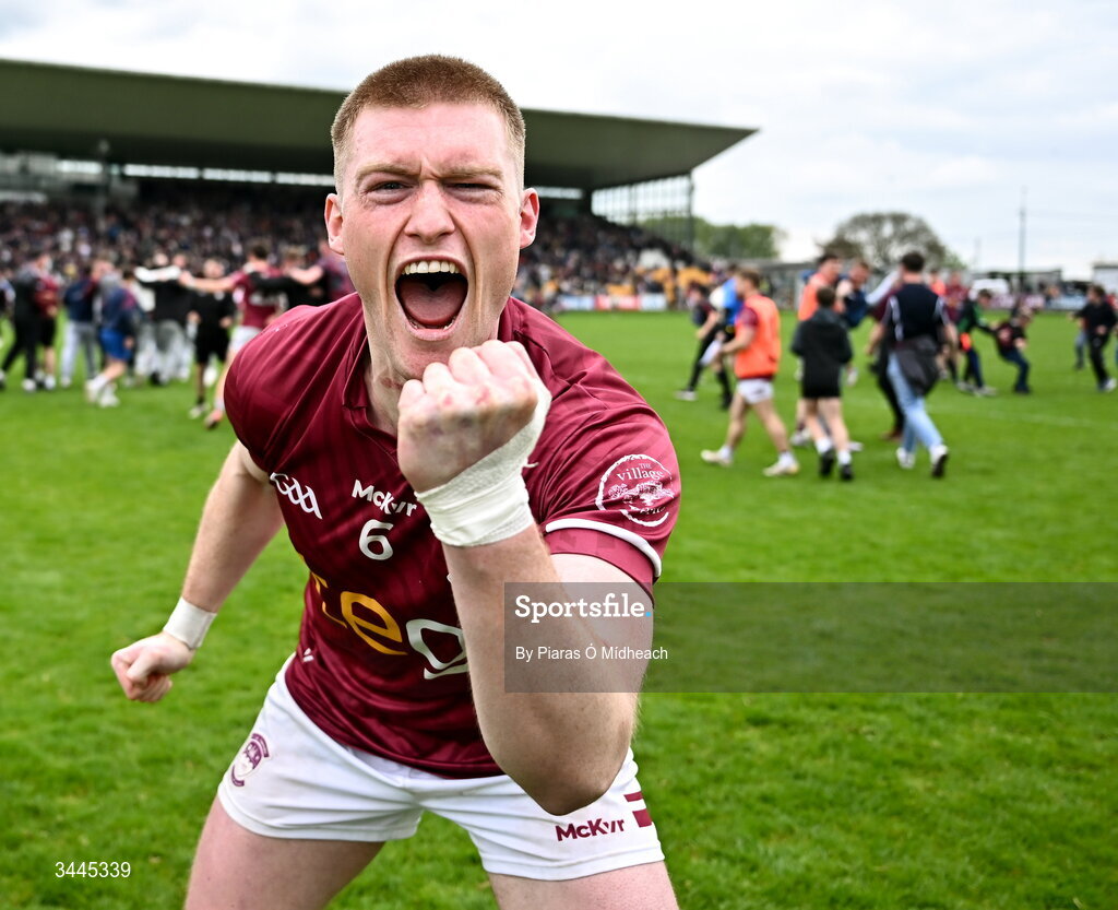 3 May 2026; Shane Allen of Westmeath celebrates after his side's victory in the Leinster GAA Football Senior Championship semi-final match between Kildare and Westmeath at Glenisk O'Connor Park in Tullamore, Offaly. Photo by Piaras Ó Mídheach/Sportsfile