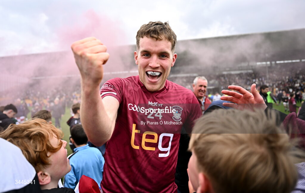 3 May 2026; Eoghan McCabe of Westmeath celebrates after his side's victory in the Leinster GAA Football Senior Championship semi-final match between Kildare and Westmeath at Glenisk O'Connor Park in Tullamore, Offaly. Photo by Piaras Ó Mídheach/Sportsfile