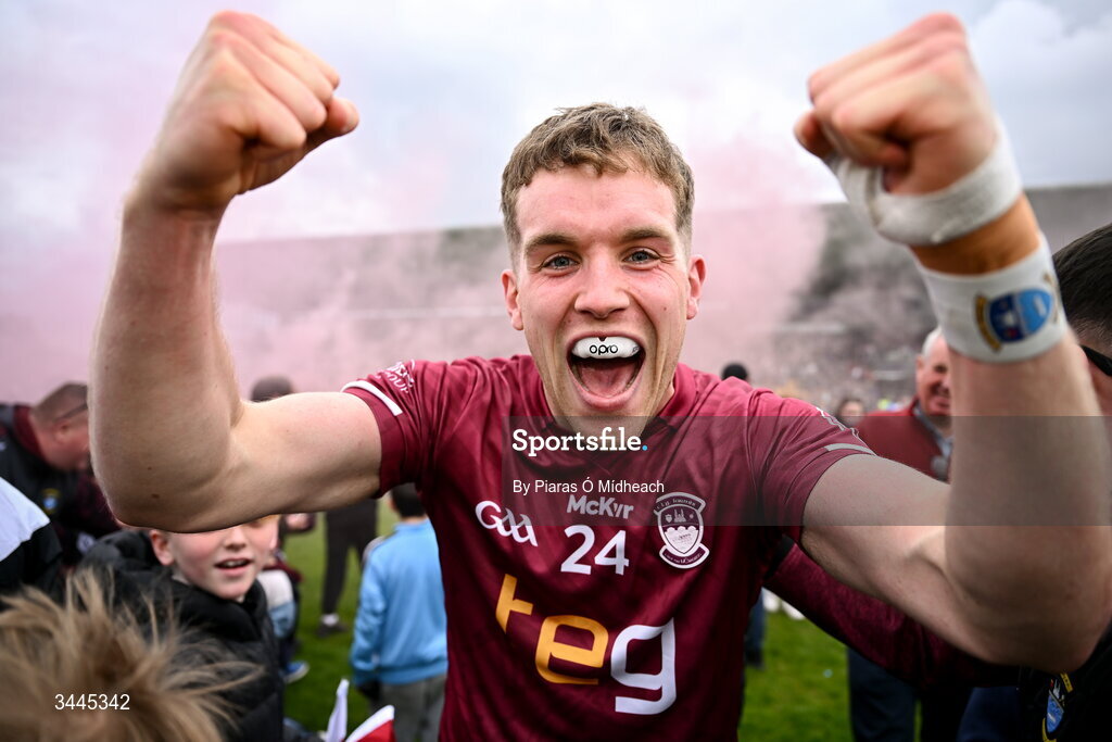 3 May 2026; Eoghan McCabe of Westmeath celebrates after his side's victory in the Leinster GAA Football Senior Championship semi-final match between Kildare and Westmeath at Glenisk O'Connor Park in Tullamore, Offaly. Photo by Piaras Ó Mídheach/Sportsfile