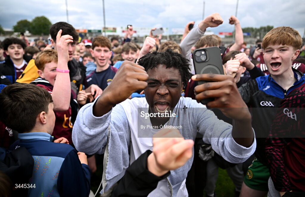 3 May 2026; Westmeath supporters celebrate after the Leinster GAA Football Senior Championship semi-final match between Kildare and Westmeath at Glenisk O'Connor Park in Tullamore, Offaly. Photo by Piaras Ó Mídheach/Sportsfile