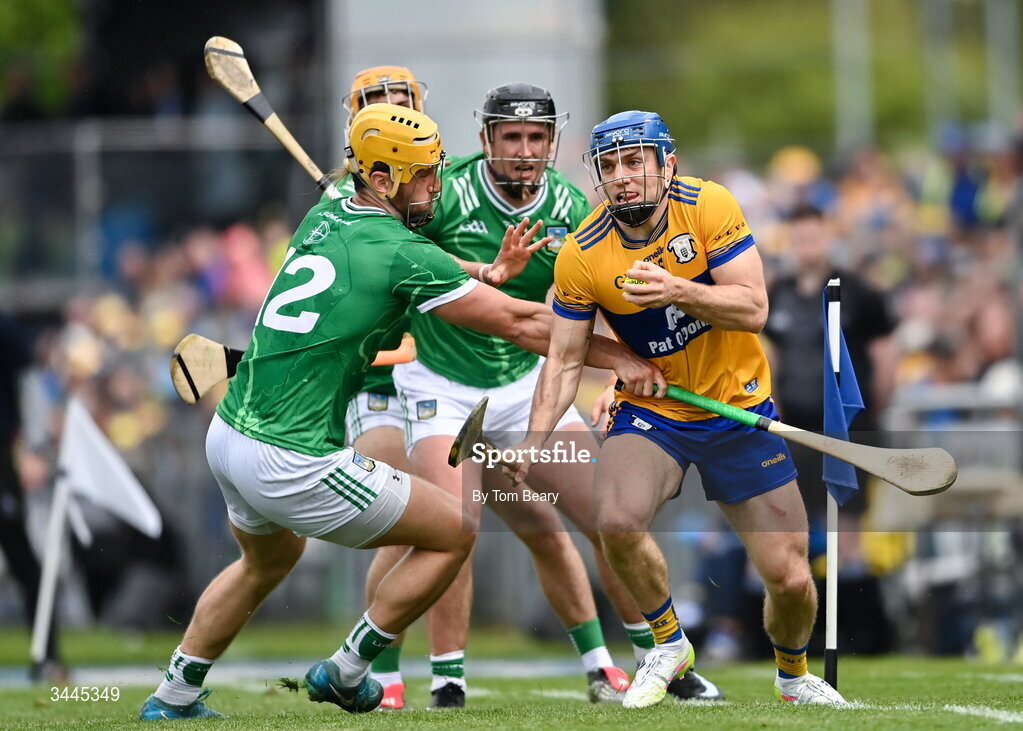 3 May 2026; Shane O'Donnell of Clare is tackled by Tom Morrissey of Limerick during the Munster GAA Senior Hurling Championship Round 3 match between Clare and Limerick at Zimmer Biomet Páirc Chíosóg in Ennis, Clare. Photo by Tom Beary/Sportsfile