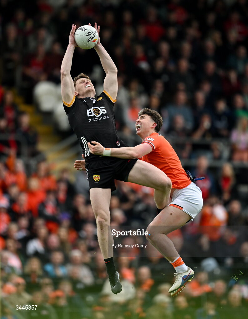 3 May 2026; Odhran Murdock of Down in action against Tiernan Kelly of Armagh during the Ulster GAA Football Senior Championship semi-final match between Armagh and Down at St Tiernach's Park in Clones, Monaghan. Photo by Ramsey Cardy/Sportsfile