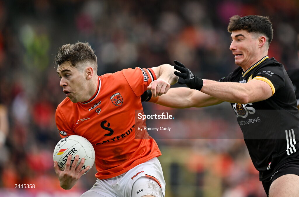 3 May 2026; Andrew Murnin of Armagh in action against Daniel Guinness of Down during the Ulster GAA Football Senior Championship semi-final match between Armagh and Down at St Tiernach's Park in Clones, Monaghan. Photo by Ramsey Cardy/Sportsfile