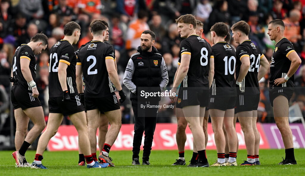 3 May 2026; Down manager Conor Laverty speaks to his players at the start of the second half of the Ulster GAA Football Senior Championship semi-final match between Armagh and Down at St Tiernach's Park in Clones, Monaghan. Photo by Ramsey Cardy/Sportsfile