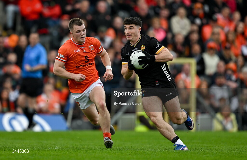 3 May 2026; Daniel Guinness of Down in action againstPeter McGrane of Armagh during the Ulster GAA Football Senior Championship semi-final match between Armagh and Down at St Tiernach's Park in Clones, Monaghan. Photo by Ramsey Cardy/Sportsfile