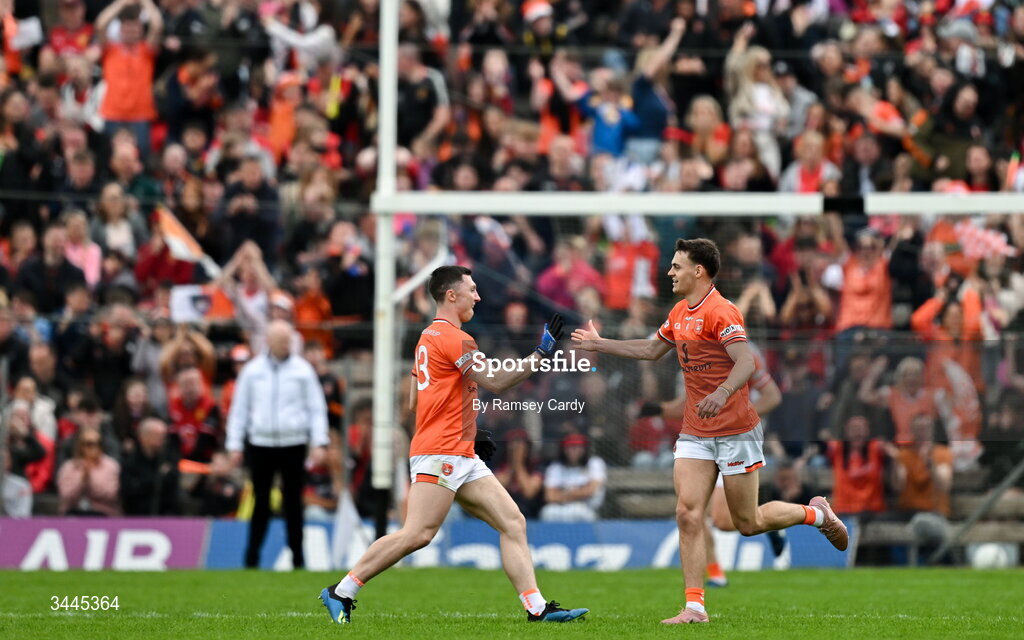 3 May 2026; Oisin Conaty, left, and Darragh McMullan of Armagh celebrates their side's second goal, scored by Conor Turbitt, during the Ulster GAA Football Senior Championship semi-final match between Armagh and Down at St Tiernach's Park in Clones, Monaghan. Photo by Ramsey Cardy/Sportsfile