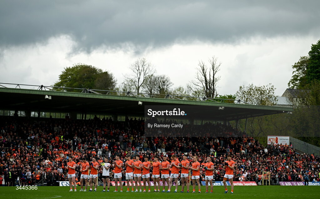 3 May 2026; The Armagh team during the playing of the National Anthem before the Ulster GAA Football Senior Championship semi-final match between Armagh and Down at St Tiernach's Park in Clones, Monaghan. Photo by Ramsey Cardy/Sportsfile