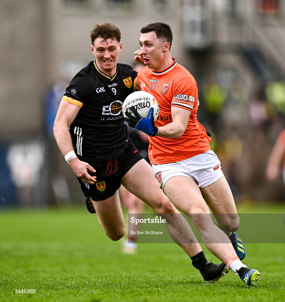3 May 2026; Oisin Conaty of Armagh in action against Ryan McEvoy of Down during the Ulster GAA Football Senior Championship semi-final match between Armagh and Down at St Tiernach's Park in Clones, Monaghan. Photo by Ben McShane/Sportsfile