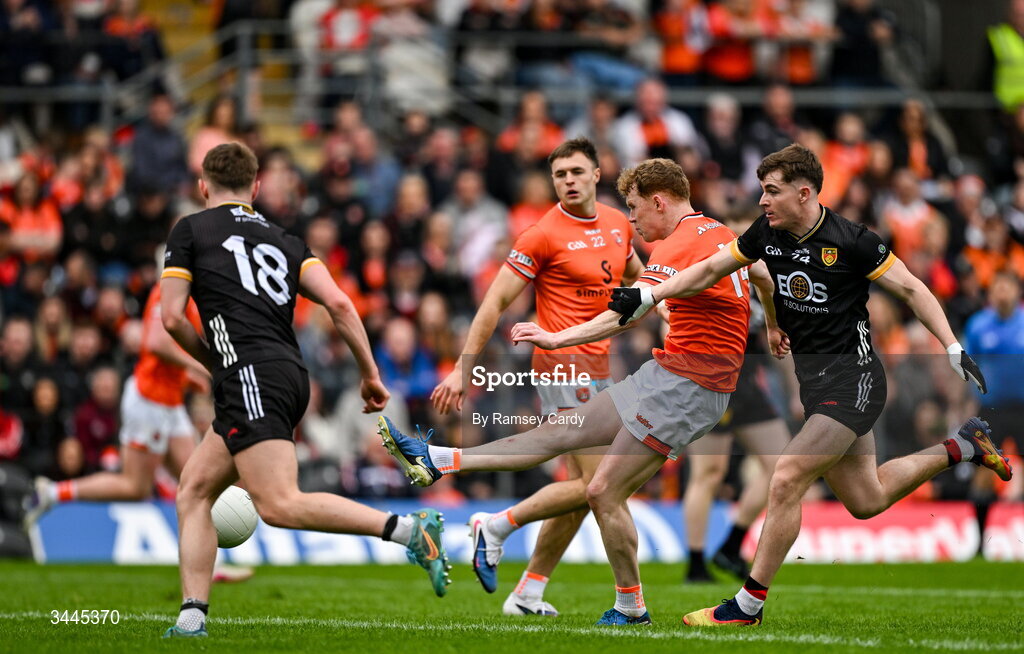 3 May 2026; Conor Turbitt of Armagh shoots to score his side's third goal during the Ulster GAA Football Senior Championship semi-final match between Armagh and Down at St Tiernach's Park in Clones, Monaghan. Photo by Ramsey Cardy/Sportsfile