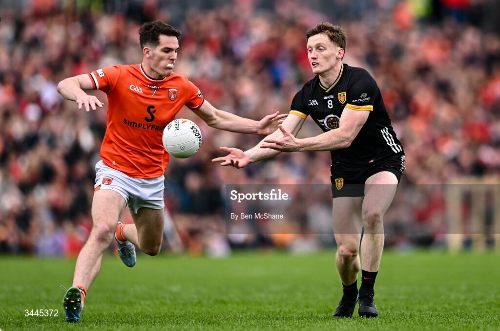 3 May 2026; Odhran Murdock of Down in action against Jarly Og Burns of Armagh during the Ulster GAA Football Senior Championship semi-final match between Armagh and Down at St Tiernach's Park in Clones, Monaghan. Photo by Ben McShane/Sportsfile