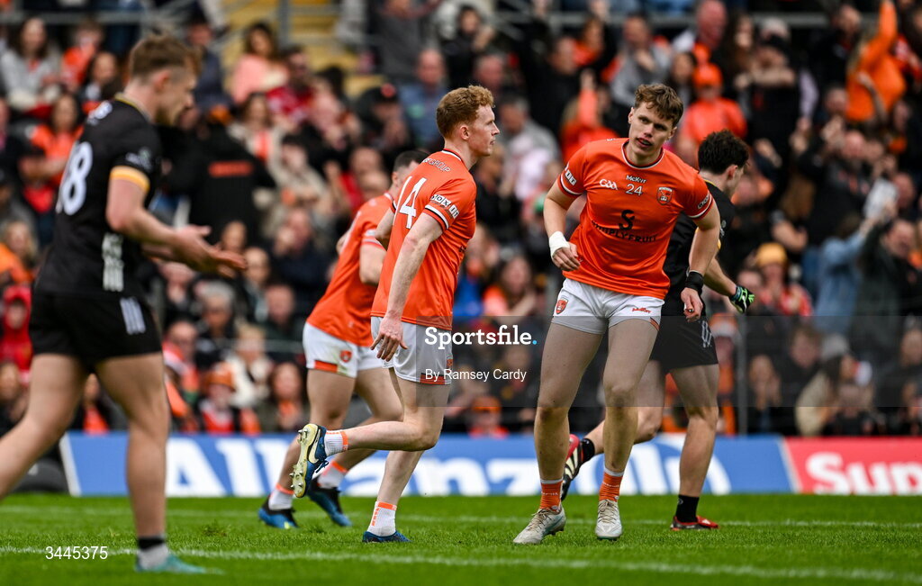 3 May 2026; Conor Turbitt of Armagh celebrates with Oisin O'Neill, right, after scoring their side's third goal during the Ulster GAA Football Senior Championship semi-final match between Armagh and Down at St Tiernach's Park in Clones, Monaghan. Photo by Ramsey Cardy/Sportsfile
