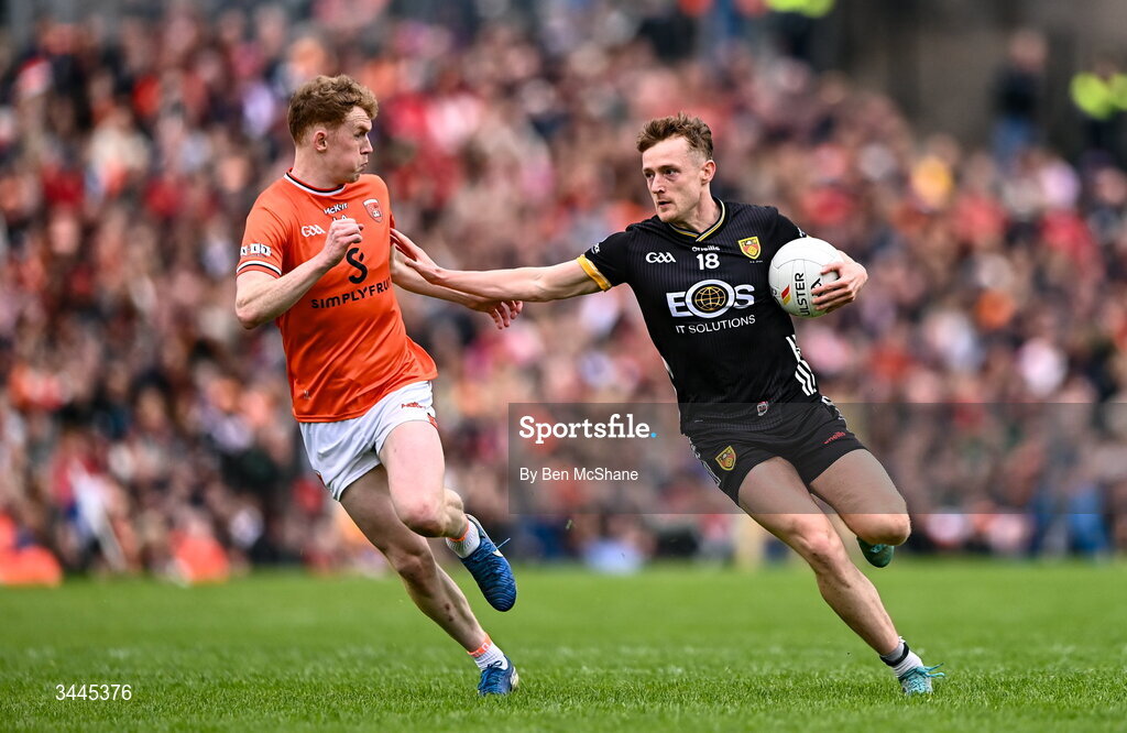 3 May 2026; Liam Kerr of Down in action against Conor Turbitt of Armagh during the Ulster GAA Football Senior Championship semi-final match between Armagh and Down at St Tiernach's Park in Clones, Monaghan. Photo by Ben McShane/Sportsfile
