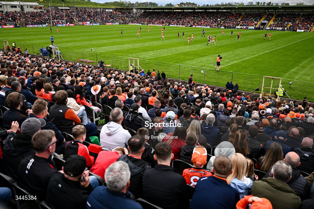 3 May 2026; A general view of the action during the Ulster GAA Football Senior Championship semi-final match between Armagh and Down at St Tiernach's Park in Clones, Monaghan. Photo by Ben McShane/Sportsfile