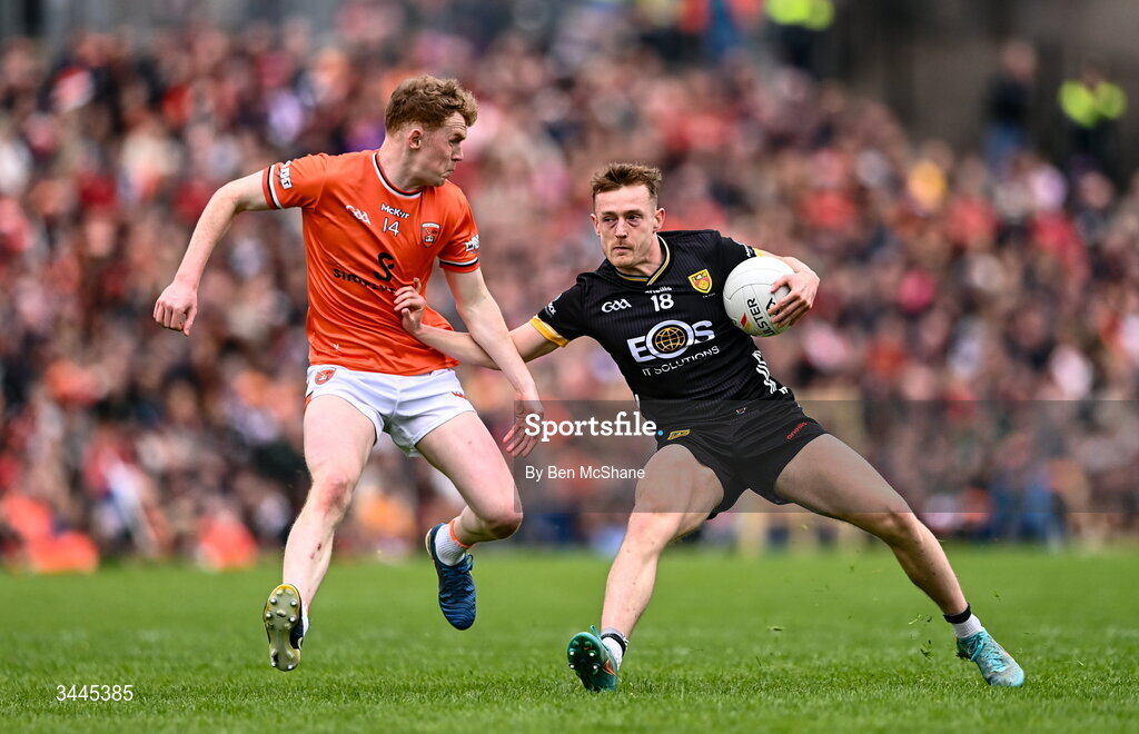 3 May 2026; Liam Kerr of Down in action against Conor Turbitt of Armagh during the Ulster GAA Football Senior Championship semi-final match between Armagh and Down at St Tiernach's Park in Clones, Monaghan. Photo by Ben McShane/Sportsfile