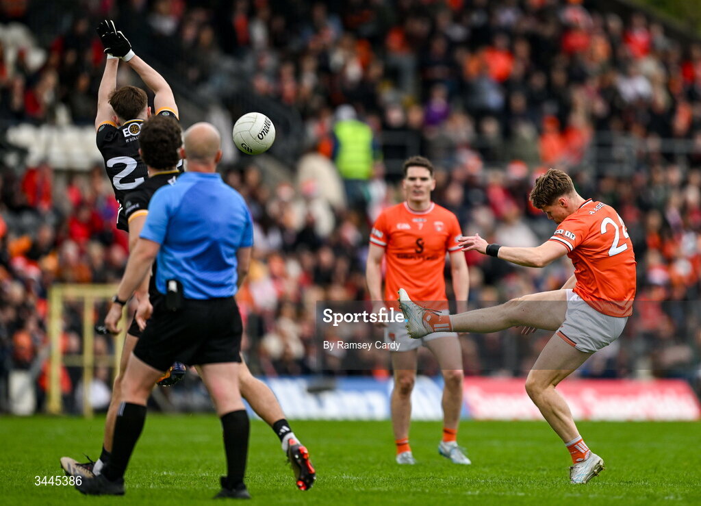3 May 2026; Oisin O'Neill of Armagh kicks a two-point score during the Ulster GAA Football Senior Championship semi-final match between Armagh and Down at St Tiernach's Park in Clones, Monaghan. Photo by Ramsey Cardy/Sportsfile